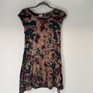XCVI Mind Set Tie-Dye Tunic Mini Dress Women's S Brown Black Cap Sleeve